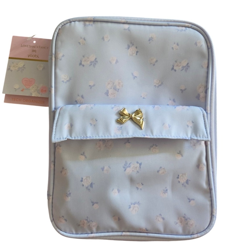 LoveShackFancy Yoobi Tech Organizer OS Blue NWT Floral Bow Travel Case